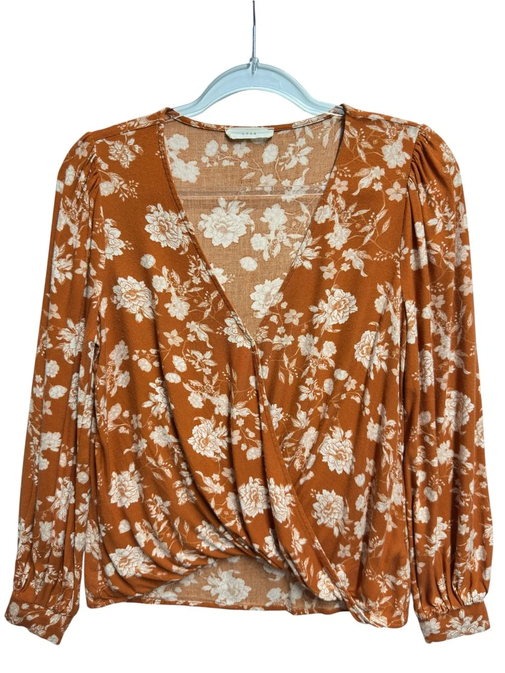 Pure Rayon Gauze Chambray Flannel Knit Rust Floral Drape Wrap Surplice Blouse